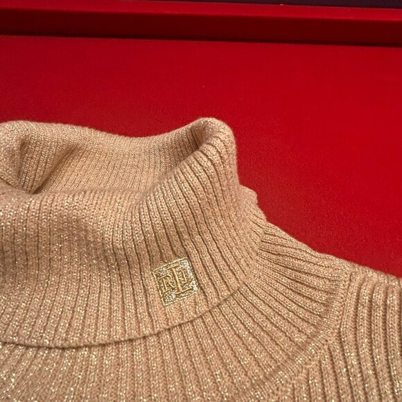 Lauren by Ralph Lauren Gold Metallic Ribbed Turtleneck Sweater – XL - Picture 3 of 5